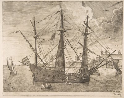 Armed Three-Master Anchored Near a City by Frans Huys