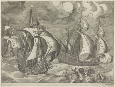 Three Warships, in the Foreground Arion on a Dolphin (series title: Sailing Ships) by Frans Huys