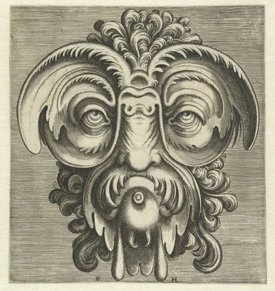 Mask with Dishes Around the Eyes and a Tuft of Curls on the Head (series title: Ingenious Portraiture of Various Types of Masks) by Frans Huys