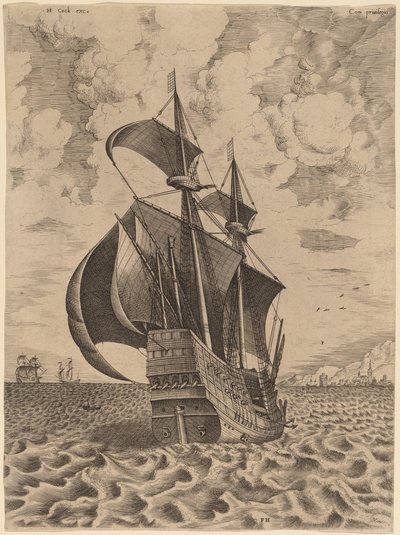 Armed Four-Master Sailing towards a Port by Frans Huys after Pieter Bruegel the Elder