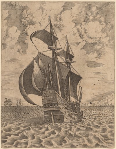 Armed Four-Master Sailing towards a Port by Frans Huys after Pieter Bruegel the Elder