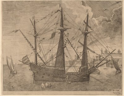 Armed Three-Master Anchored near a City by Frans Huys after Pieter Bruegel the Elder
