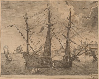 Armed Three-Master Anchored Near a City by Frans Huys after Pieter Bruegel the Elder