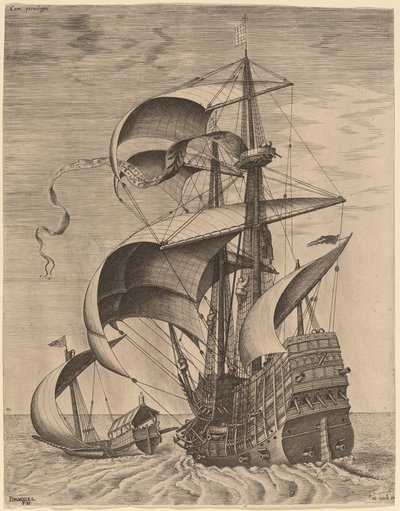 Armed Three-Master on the Open Sea, Accompanied by a Galley by Frans Huys after Pieter Bruegel the Elder