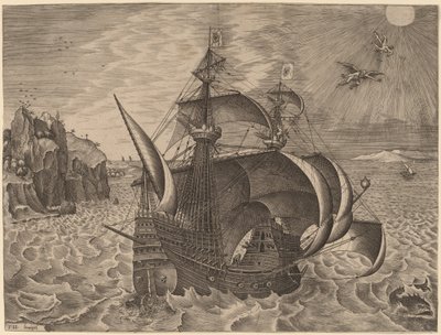 Armed Three-Master with Daedalus and Icarus in the Sky by Frans Huys after Pieter Bruegel the Elder