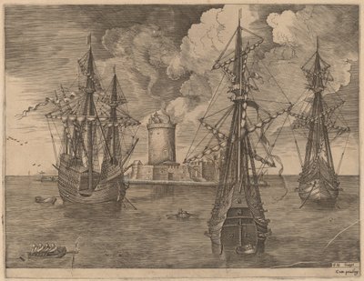 Four-Master (Left) and Two Three-Masters Anchored Near a Fortified Island with a Lighthouse by Frans Huys after Pieter Bruegel the Elder