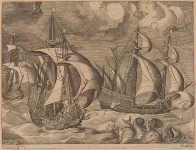 Three Caravels in a Rising Squall with Adrion on a Dolphin by Frans Huys after Pieter Bruegel the Elder