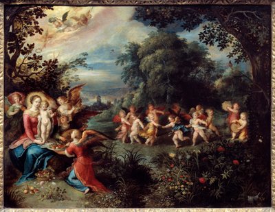 Madonna with the child in a landscape surrounded by musicians and dancing angels by Frans II Francken