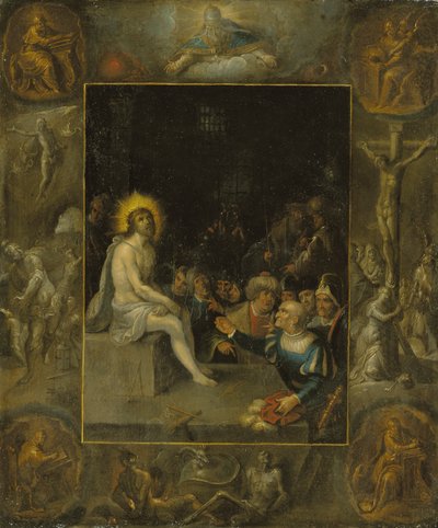 The Mocking of Christ, in a Grisaille Surround Depicting God the Father, the Evangelists, The Crucifixion, The Resurrection and The Devil and Death with the Crowned Serpent by Frans II the Younger Francken
