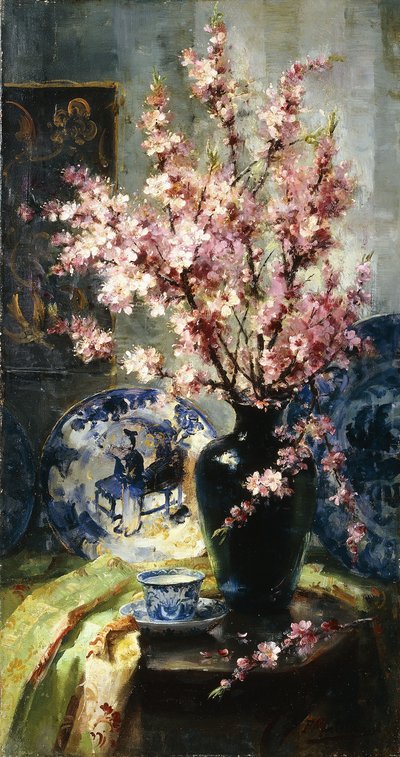 Apple Blossoms and Blue and White Porcelain on a Table by Frans Mortelmans