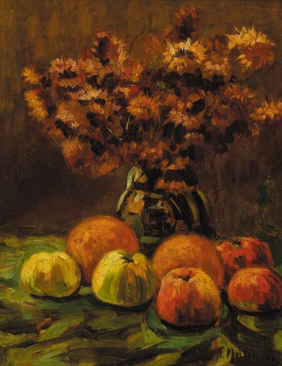 Apples, oranges and a vase of flowers on a table by Frans Mortelmans