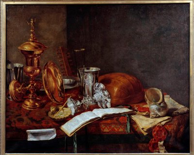 Still Life with Art Objects (Copper Cup, silverware, lute) by Frans Ryckhals