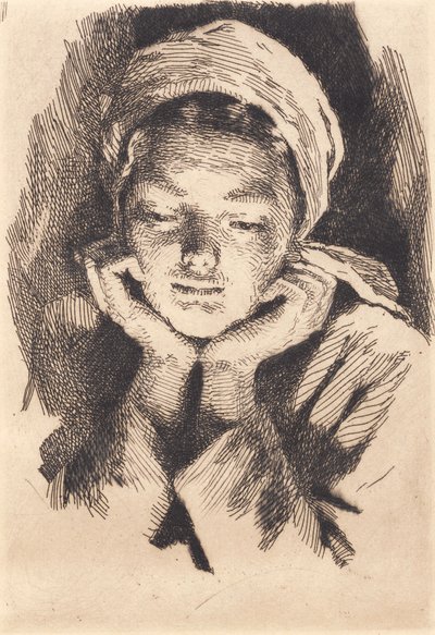 Young Woman with Cap, Facing Forward, Supporting Head in Hands. Bust by Frans Schwartz