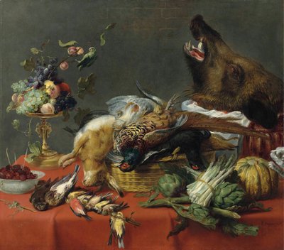 Draped Table Laden with Game, Fruit, Vegetables and a Boar