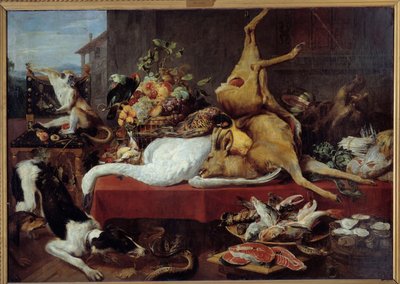 Still life with deer game (pheasant, goose, deer), slice of fish, crab, legumes by Frans Snyders