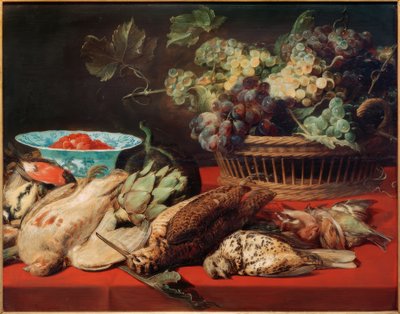 Still Life – Basket with Grapes, Birds, and Strawberries by Frans Snyders