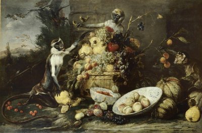 Three Monkeys Stealing Fruits, with a View on a Landscape by Frans Snyders