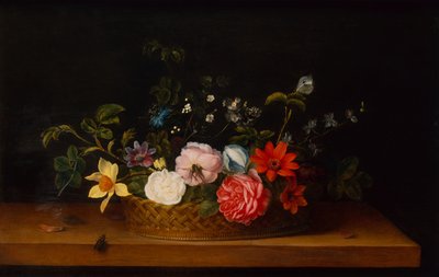 Flowers in a Basket with Insects on a Ledge by Frans Ykens
