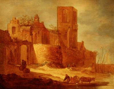 A Ruined Abbey by a Waterway with Peasants and Cattle in the Foreground by Frans de Hulst