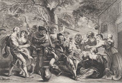Don Quixote and troops of La Santa Hermandad outside a tavern by Frans van den Wyngaerde