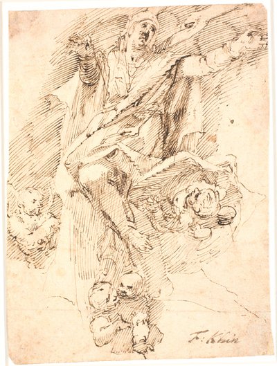 Woman, with outstretched arms, carried to heaven by four cherubs by Frantz Cleyn