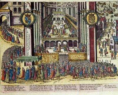 Coronation of King James I of England in Westminster Cathedral on 25/07/1603. 1653 Print by Franz Hogenberg by Franz (after) Hogenberg