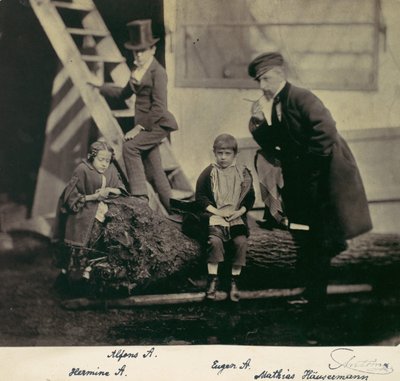 Hermine, Alfons and Eugen Antoine and Mathias Höusermann on a fallen tree, 1850s-60s by Franz Antoine