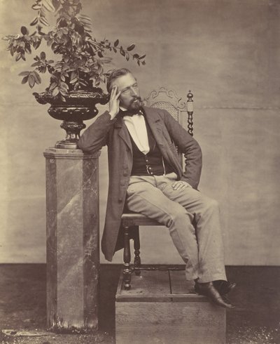 Mathias Höusermann seated with elbow on pedestal holding a vase of flowers by Franz Antoine