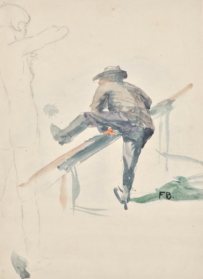 Man Climbing Over a Railing and Outlines of a Girl