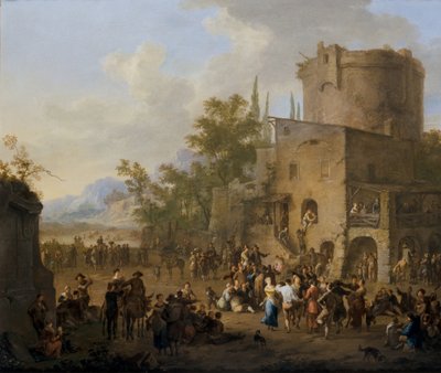 An Italian City View with Figures Dancing the Saltarello by Franz Ferg