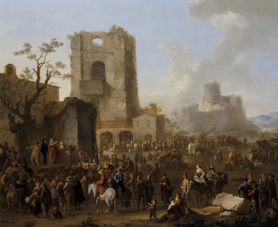 An Italian City View With Figures Dancing The Saltarello by Franz Ferg