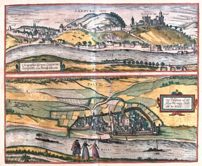 Accurate overview of the town of Saarburg and the town of Pfaltz an der Mosel, Germany by Franz Hogenberg