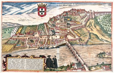 Coimbra, Portugal. The two academics seen in learned discussion in the foreground make further visual reference to the university by Franz Hogenberg