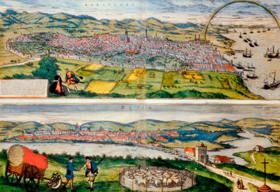 Map of Barcelona and Ecija from Civitates Orbis Terrarum by Georg Braun by Franz Hogenberg
