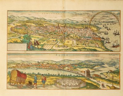 Map of Barcelona and Ecija from Civitates Orbis Terrarum by Georg Braun by Franz Hogenberg