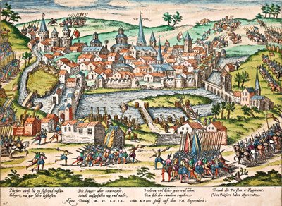Papists Lay Siege to Poitiers, July 1569, engraving by Franz Hogenberg