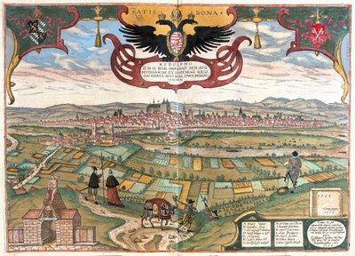 Regensburg with the Coat of Arms of Emperor Rudolf II, Germany by Franz Hogenberg