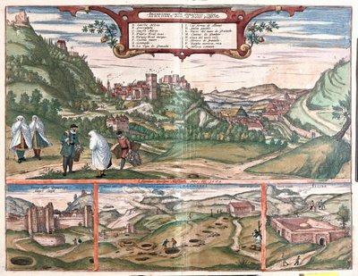 View of the Alhambra with the City of Granada, Spain: on the top a view of the Alhambra on Cerro del Sol Hill. The view bottom left shows the closed doors of the Alhambra. In the centre are the mouths of the Masmoros caves by Franz Hogenberg