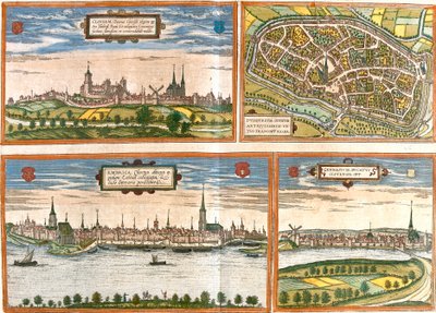 Views and plans of Cleves, Duisburg, Emmerich am Rhein in Germany and Genappe in Belgium by Franz Hogenberg