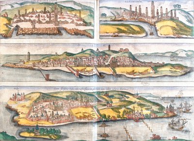 Views of Casablanca and Azemmour in Morocco, Diu and Goa (India) by Franz Hogenberg