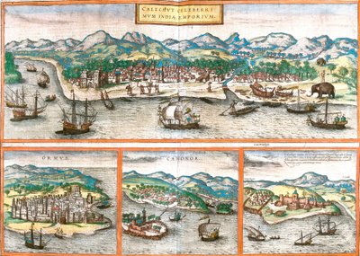 Views of Kozhikode or Calicut (India), Ormuz (Iran), Cannanore or Kannur (India) and St. George of the Mine or Elmina (Ghana) by Franz Hogenberg