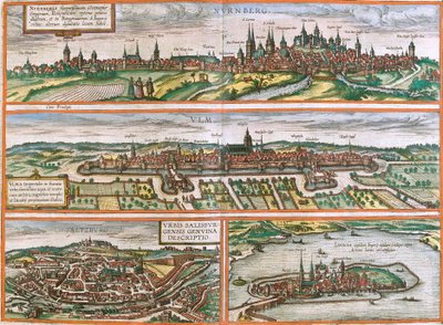 Views of Nuremberg (Nurnberga), Ulm (Ulma), Lindau (Lindola), Germany and Salzburg (Salisburgensis) in Austria by Franz Hogenberg