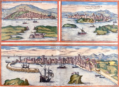 Views of Sibenik (Sibinium, Sibenicho), Porec (Parens, Parentium), Croatia and Modon (Modona), Greece by Franz Hogenberg
