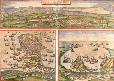 Views of Tunis and Mahdia in Tunisia, and Penon de Velez de la Gomera or Badis, disputed between Spain and Morocco by Franz Hogenberg