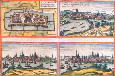 Views of Wittenburg, Frankfurt, Wismar and Rostock, Germany by Franz Hogenberg
