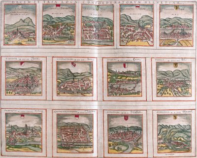 Views of the main cities of the Swiss Confederation: Schwytz, Zug, Glaris, Bale, Zurich, Bern, Lucerne, Uri, Fribourg, Solothurn, Schaffhausen by Franz Hogenberg