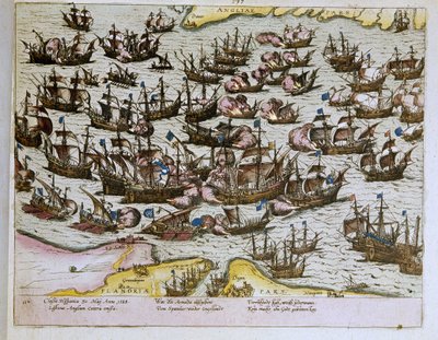 The Defeat of the Invincible Spanish Armada by the English Shores on 08/08/1588, Illustration from 1653 (engraving) by Franz Hogenberg