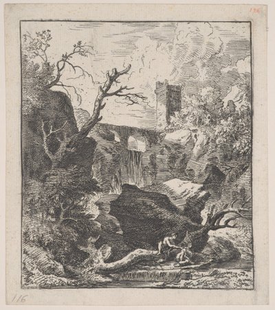 Two Figures Sitting on a Tree Trunk on the Bank of a Stream by Franz Joachim Beich