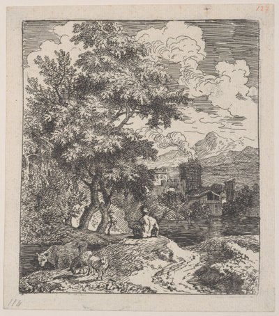 A Shepherd Seated on a Hill with a Cow and Two Sheep by Franz Joachim Beich