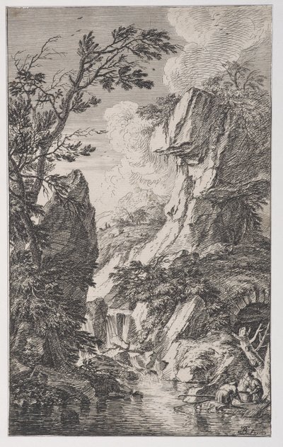 Two Fishermen on the Bank of a Stream at Right, a Waterfall at Center by Franz Joachim Beich